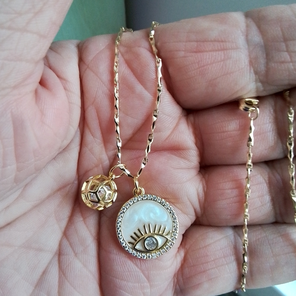 Gold Evil Eye With CZ Sphere Pendant Necklace - Picture 5 of 6